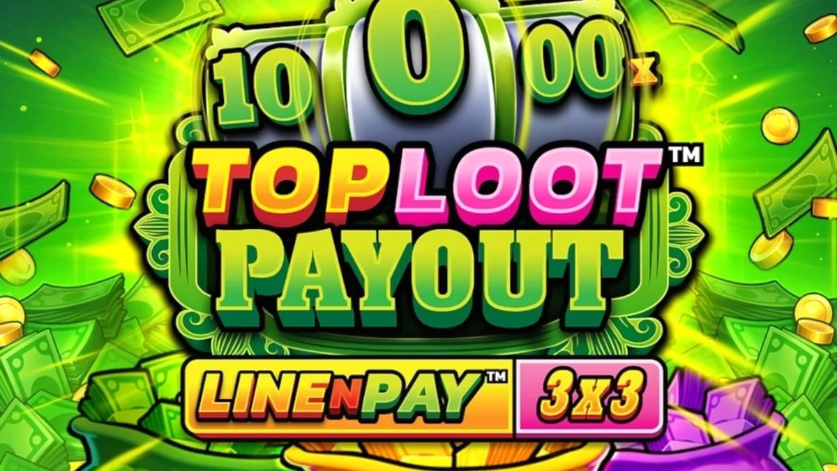 Tangkapan layar permainan slot TopLoot Payout LineNPay yang menampilkan gulungan 3x3 dengan simbol harta karun dan latar belakang brankas emas.