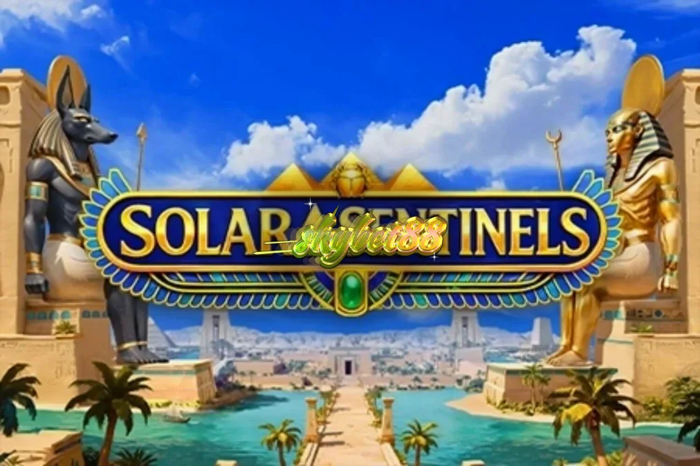 Pemandangan sinematik slot Solar Sentinels dengan latar belakang monumen Mesir Kuno.